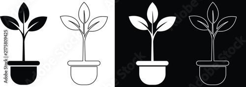 Hanging potted plant in a glass terrarium container vector icon set featuring solid silhouettes, linear outlines, and inverted black and white variations.