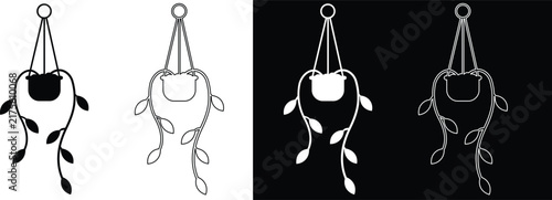 Hanging macrame planter trailing vine ivy plant with long cascading leafy stems vector icon set featuring solid silhouettes, linear outlines, and inverted black and white variations.