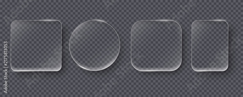 Modern glass effect UI components with transparent acrylic appearance, realistic reflections and subtle shadows. Vector style interface panels suitable for app design, websites, widgets and user