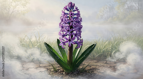 Purple hyacinth flower blooming in a misty morning landscape