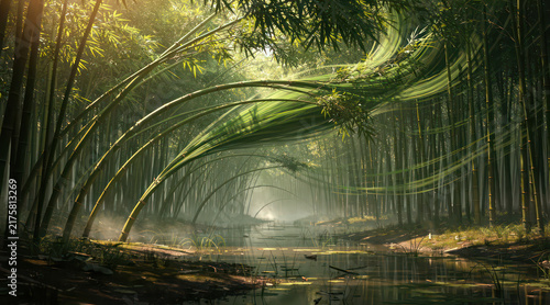 Bamboo forest with surreal energy flows over a mist river