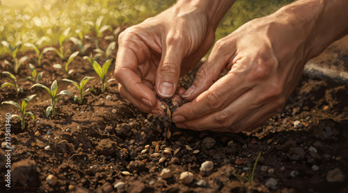 Farmer hands planting seeds in fertile soil under golden sunlight