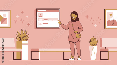 Woman interacting with digital screen in medical waiting room illustration