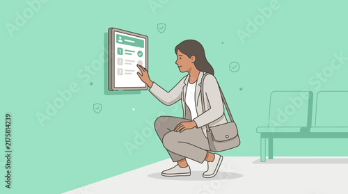 Woman Interacting with Digital Touchscreen Display in Modern Office or Waiting Area