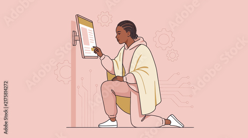 Woman Interacting with Digital Touchscreen Display, Technology Concept