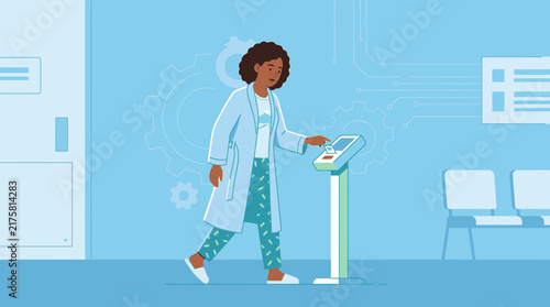 Woman interacting with futuristic medical technology, sci-fi hospital interior