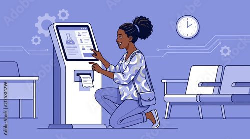 Woman Interacting With Futuristic Medical Kiosk