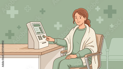 Woman Interacting with Medical Machine in Clinic Waiting Room, Healthcare Concept