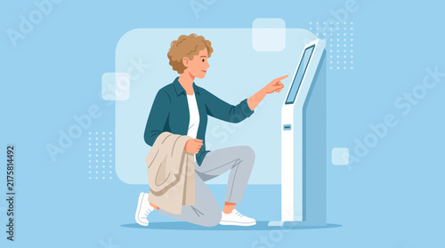 Woman Interacting with Touchscreen Kiosk on Transparent Background