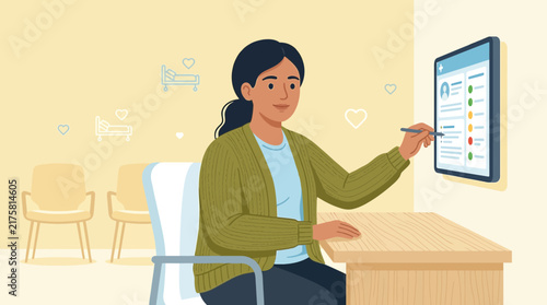 Woman Patient Interacting with Digital Health Record on Screen