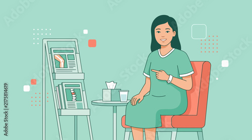 Woman patient waiting in medical clinic, pointing to brochure