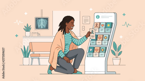 Woman Picks Health Info Brochure in Clinic Waiting Room, Transparent Background