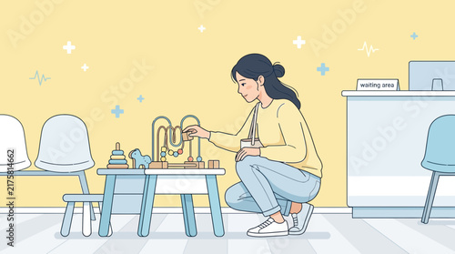 Woman playing with child's toys in waiting room, healthcare concept