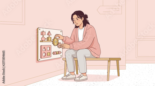 Woman playing with educational puzzle on transparent background