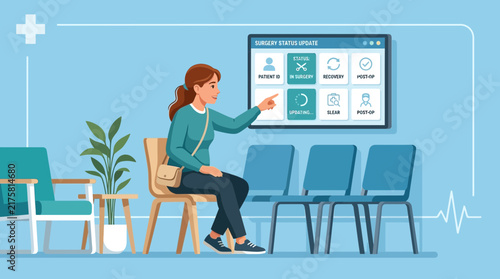 Woman pointing at digital screen in medical waiting room, healthcare concept