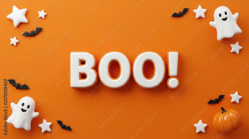 Fototapeta premium Festive halloween flat lay with boo lettering ghosts bats and sparkling stars