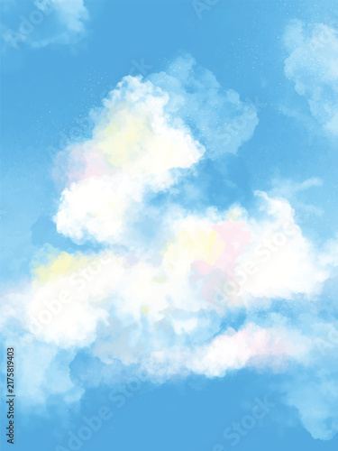 Pastel sunlit clouds drifting across vivid blue sky with subtle stardust vector background
