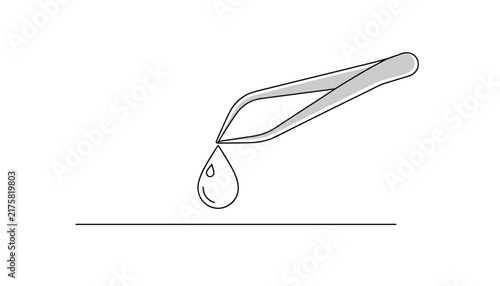 Scientific illustration showing a pair of medical tweezers releasing a clean droplet of liquid onto a surface.