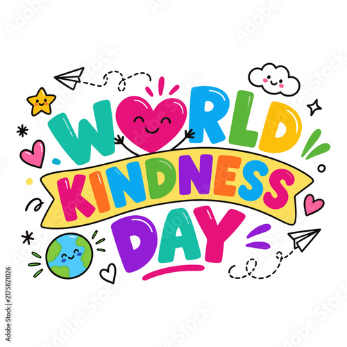 World Kindness Day Colorful Cartoon Illustration with Heart and Playful Doodles