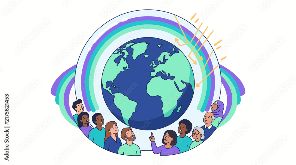 Obraz premium Diverse group of people looking at Earth with a protective atmosphere and sun rays, symbolizing global environmental awareness and community.