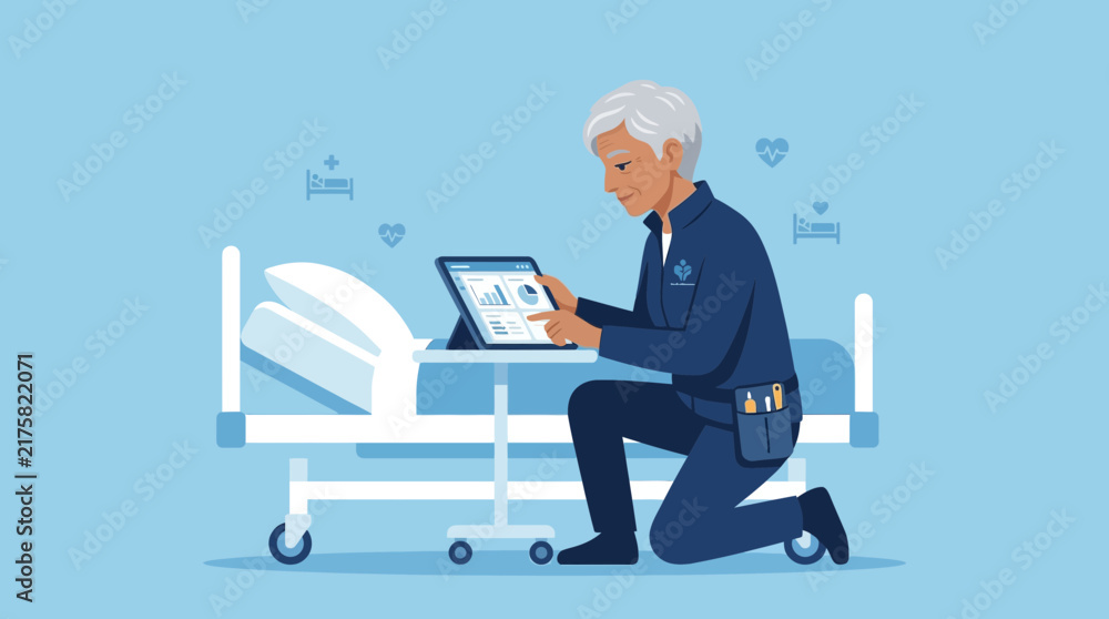 Fototapeta premium Healthcare Professional Using Tablet Beside Hospital Bed