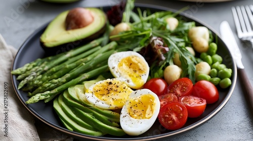 A vibrant plate of healthy food featuring avocado  asparagus  boiled eggs  cherry tomatoes  green peas  and mixed greens