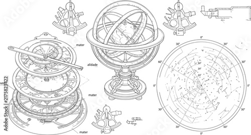 Foto Vintage astronomical navigation instruments armillary sphere astrolabe technical