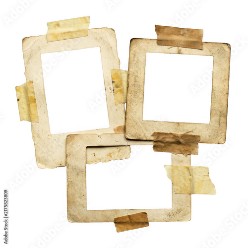 Three old vintage photo frames attached with adhesive tape