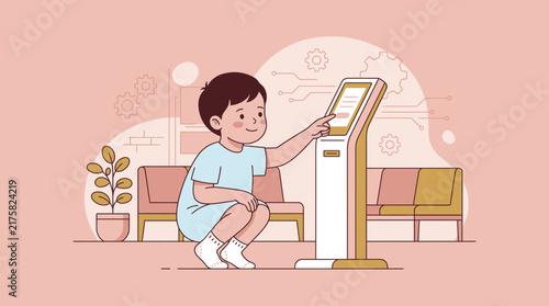 Child interacting with digital kiosk, learning technology