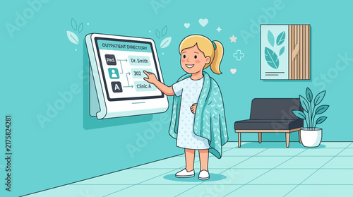 Child interacts with digital directory in hospital waiting room
