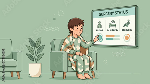 Child Patient Checks Surgery Status on Digital Screen in Hospital Waiting Room