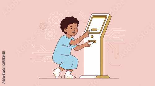 Child using self-service kiosk, isolated on transparent background.