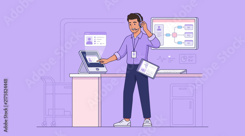 Customer service agent at desk with headset and tablet