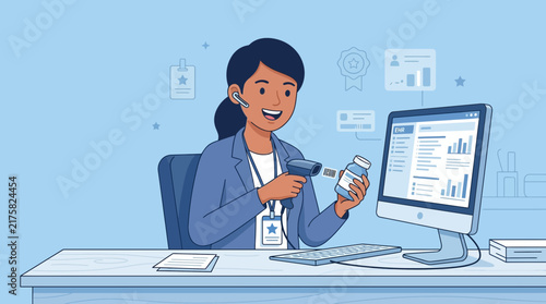 Customer service agent scanning product, working on computer, isolated
