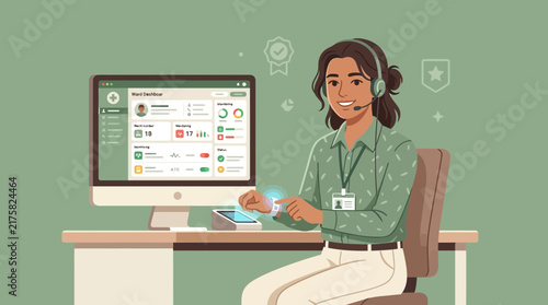 Customer service agent with headset, computer dashboard and tablet, isolated