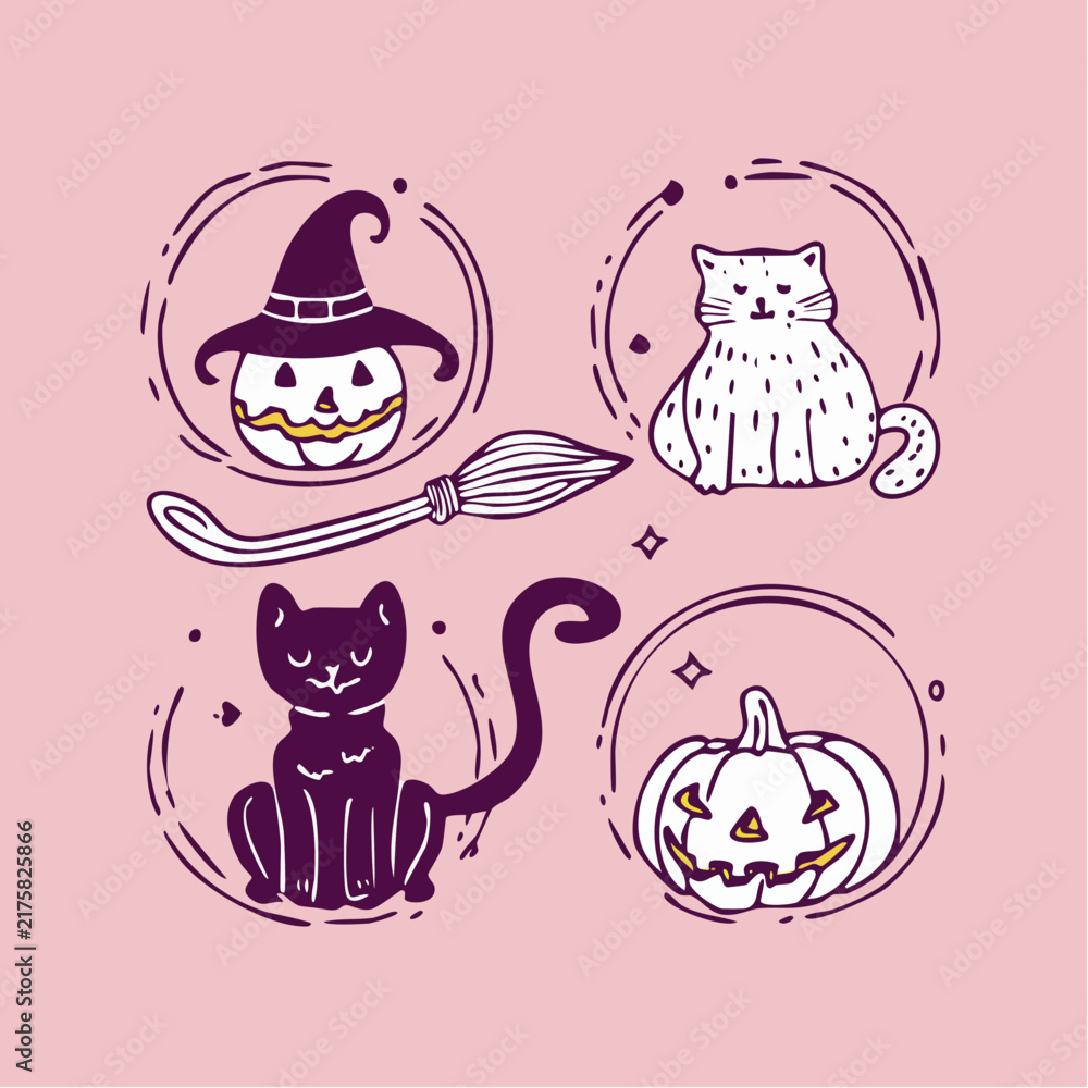 Obraz premium Hand drawn doodle set of halloween icons with cute pumpkins, black and white cats, witch hat and broomstick, spooky holiday celebration concept vector illustration