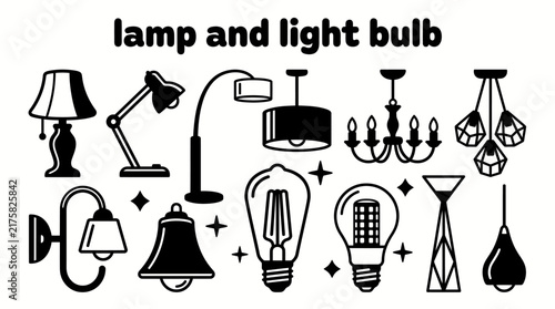 lamps and light bulbs featuring table lamps floor lamps pendant lights chandeliers LED bulbs vintage bulbs desk lamps wall sconces and modern lighting fixtures vector illustration home interiors