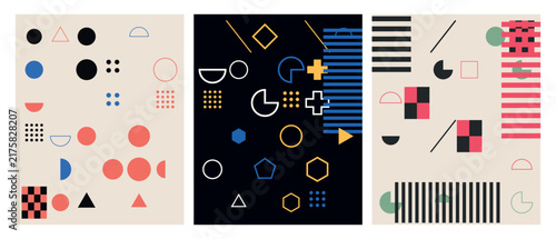 Memphis style geometric posters with black red and blue elements on contrasting backgrounds for wall frame.
