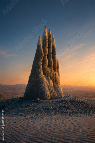 The Hand, also known as Hand of God, distinctive sandstone rock formation rising above the desert landscape of Monument Valley at sunset.