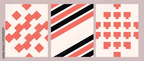 Minimalist diagonal stripes and pixel pattern poster set in terracotta and black colors for creative decor.