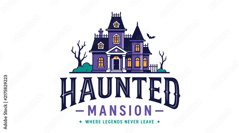Naklejka premium Haunted mansion logo illustration featuring spooky gothic house.