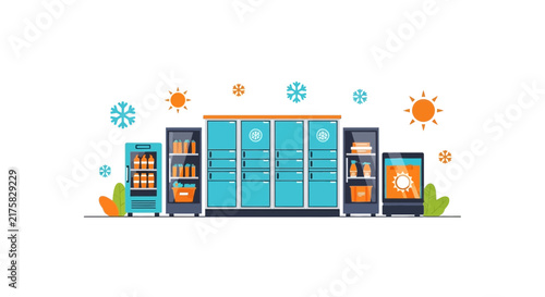 Flat illustration of temperature controlled smart lockers and commercial refrigerators for food storage