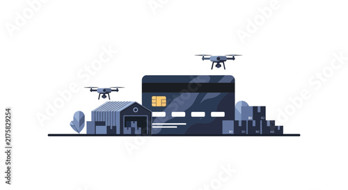 Modern E-commerce Logistics Illustration featuring Delivery Drones, Credit Card, Warehouse, and Shipping Packages for Fintech and Online Retail concepts.