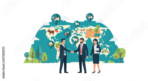 Global Agricultural Business Partnership and International Food Supply Chain Illustration