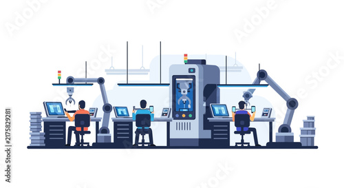 Automated Electronics Assembly Line with Robotic Arms and Tech Workers Flat Illustration