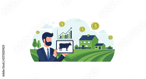 Smart Agriculture and Livestock Investment Concept with Businessman and Tablet