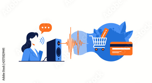 Voice Commerce Concept Illustration: Woman Using Smart Speaker for Online Shopping and Digital Payments