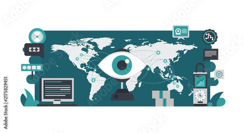 Global Surveillance and Cyber Security Monitoring Illustration with World Map and Eye Icon
