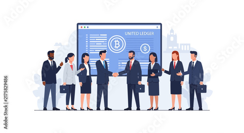 Business Partnership and Blockchain Technology Concept with Diverse Team Shaking Hands