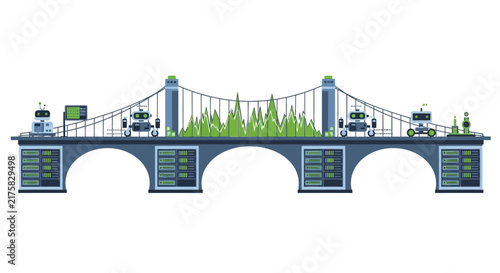 Digital Data Bridge Infrastructure with Server Racks and AI Robots Illustration